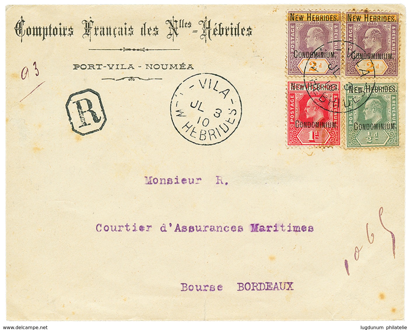 655 1910 1/2d+ 1d+ 2d(x2) Obl. VILA NEW HEBRIDES Sur Env. RECOMMANDEE Pour La FRANCE. Superbe. - Autres & Non Classés