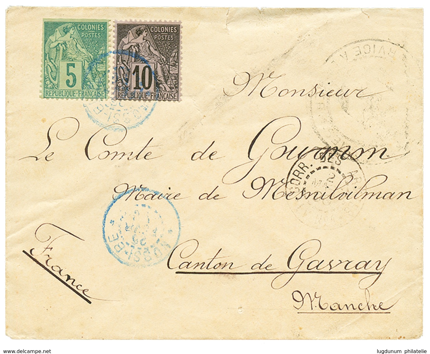 658 "NOSSI-BE - CORRESPONDANCE MILITAIRE" : 1890 CG 5c(pd) + 10c Obl. Cachet évidé NOSSI-BE En Bleu Sur Enveloppe De Mil - Autres & Non Classés