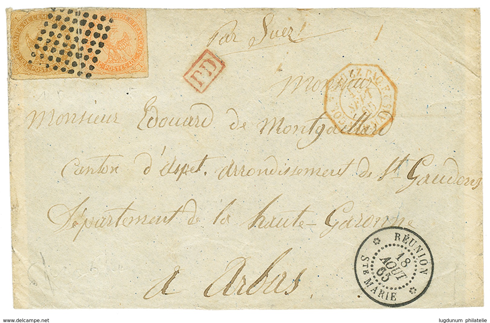 659 "STE MARIE" : 1865 AIGLE 10c +40c Obl. Losange De 64 Points + Cachet Rare REUNION STE MARIE Sur DEVANT De Lettre (Fr - Autres & Non Classés