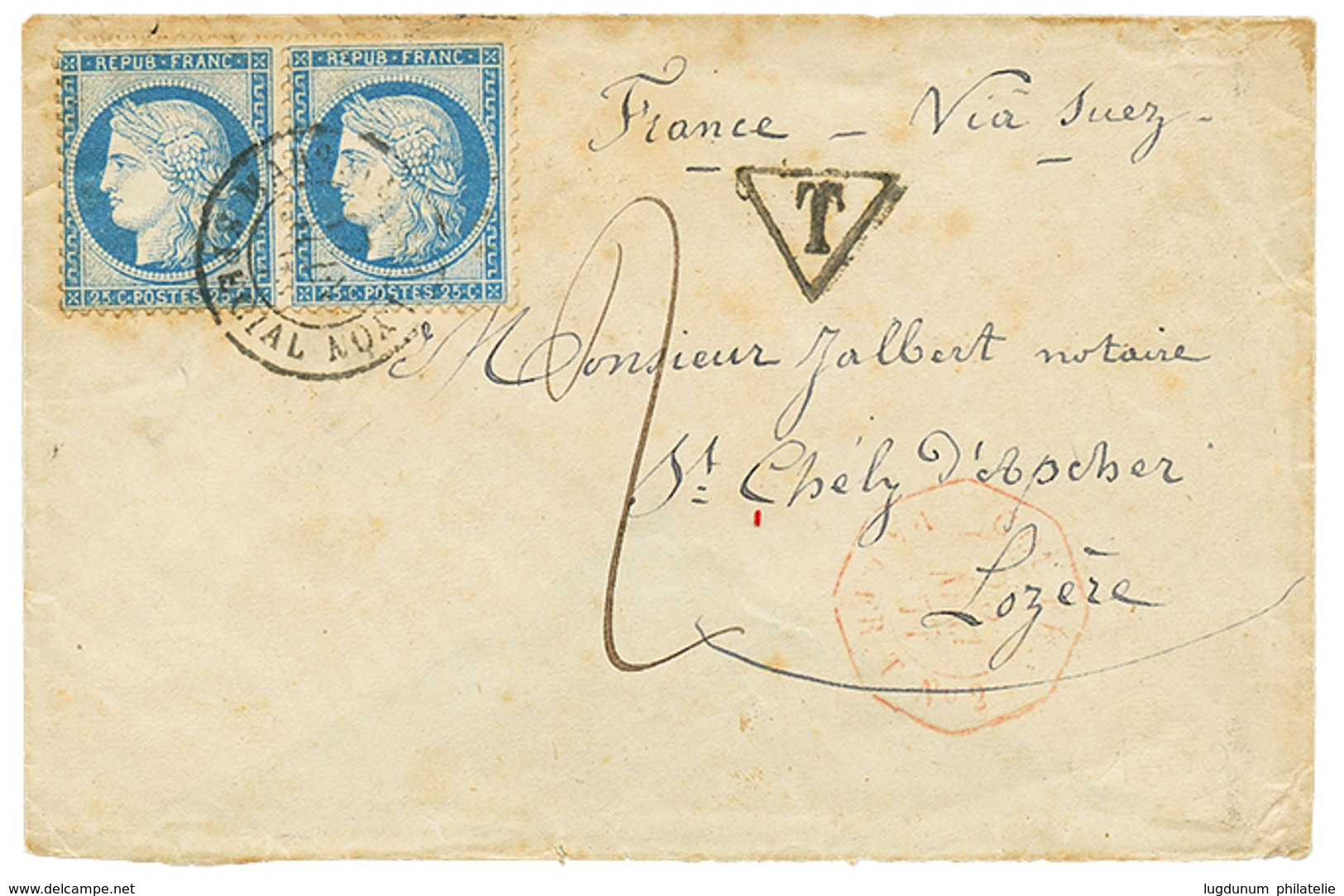 661 "Timbres De FRANCE Utilisés à La REUNION" : 1877 FRANCE Paire 25c CERES(n°60) Obl. Ambulant MARSEILLE A LYON SPECIAL - Autres & Non Classés