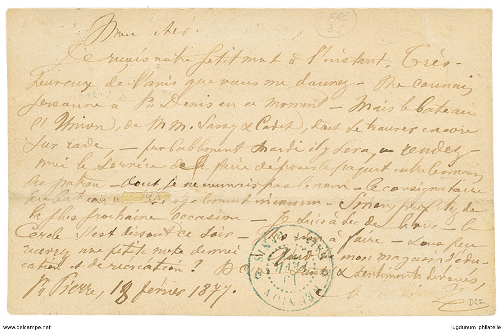 662 1877 COLONIES GENERALES 10c CERES + REUNION SAINT-PIERRE Sur CARTE PRECURSEUR Pour ST DENIS. TTB. - Other & Unclassified