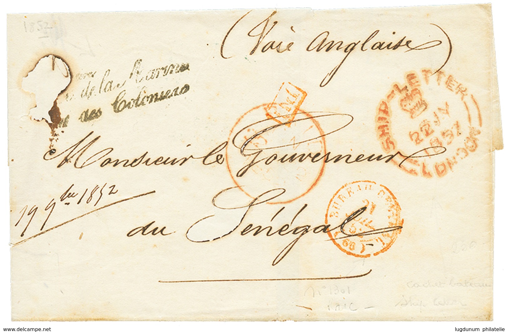 665 1852 Mre De La MARINE ET DES COLONIES + BUREAU CENTRAL(60) + PD Rouge+ LONDON SHIP-LETTER Sur Enveloppe(pd) Pour LE  - Autres & Non Classés