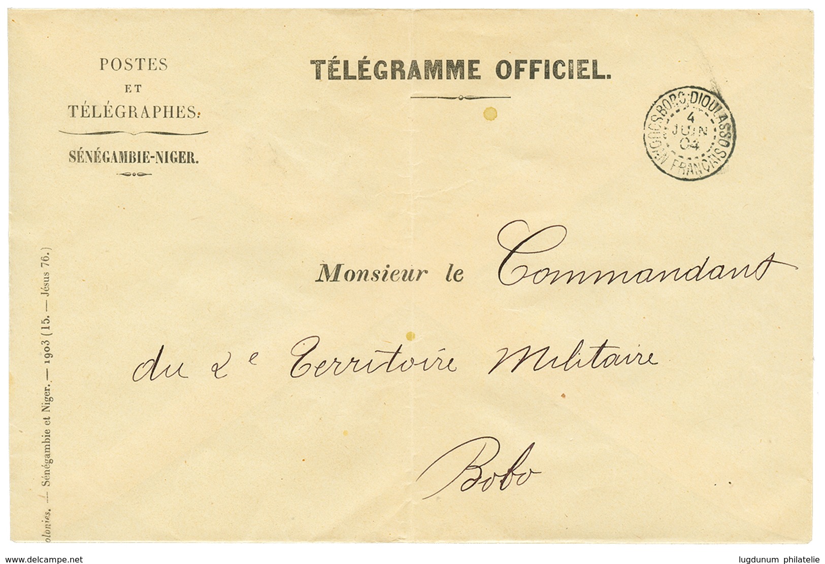 674 1904 BOBO-DIOULASSO Sur Enveloppe TELEGRAMME Pour BOBO. Superbe. - Sonstige & Ohne Zuordnung