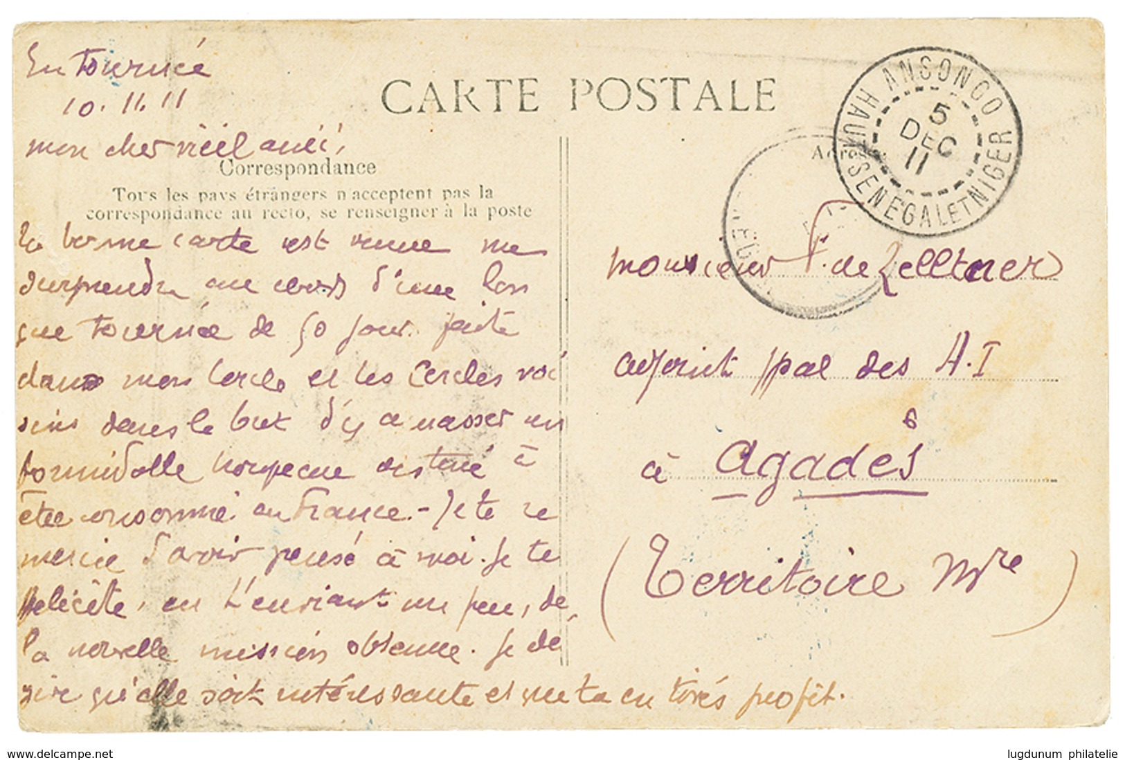 680 HT SENEGAL ET NIGER : 1911 10c Obl. MOPTI HT SENEGAL ET NIGER Sur Carte Daté De DJENE Pour AGADES. Verso, Cachet ANS - Autres & Non Classés