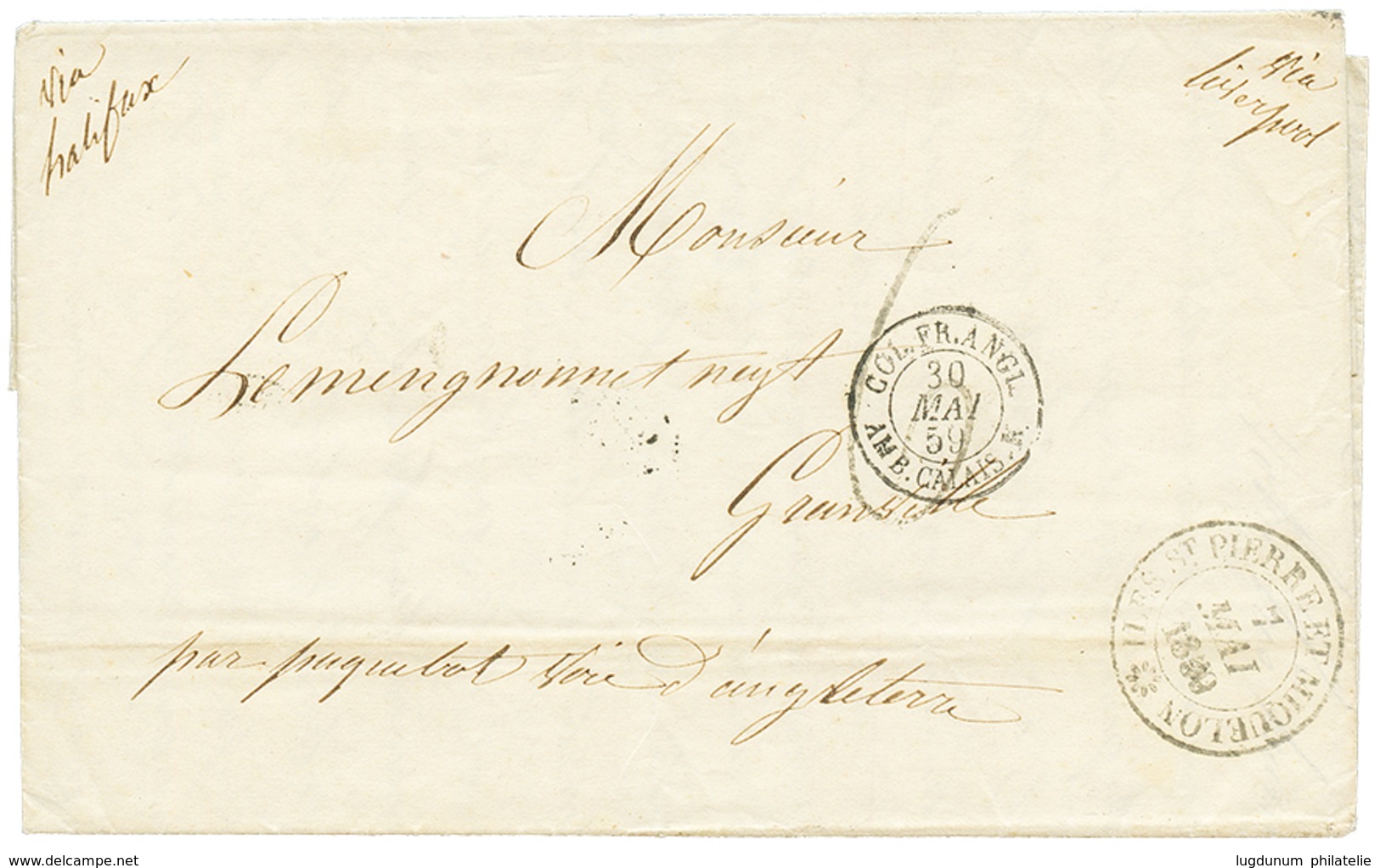 693 1859 Cachet ILES ST PIERRE ET MIQUELON + Taxe 6 Sur Lettre Avec Texte Pour GRANVILLE. TTB. - Sonstige & Ohne Zuordnung