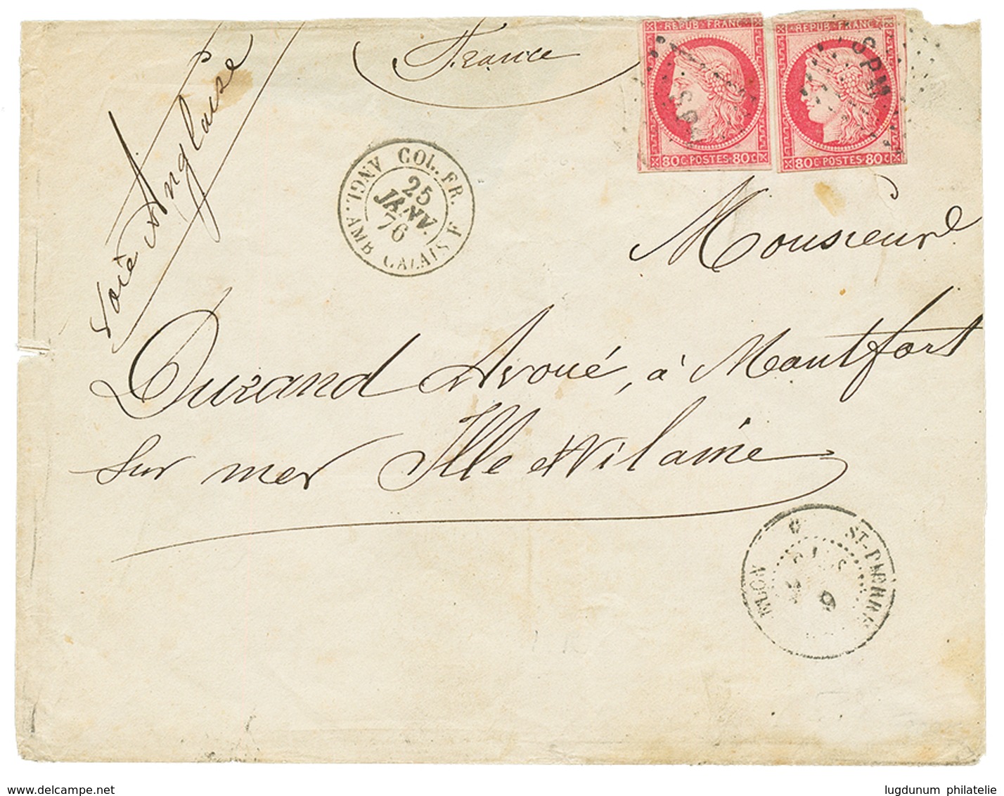 694 1876 CG 80c CERES(x2) Pd Obl. Losange SPM + ST PIERRE ET MIQUELON Sur Enveloppe En DOUBLE PORT Pour La FRANCE.RARE.  - Sonstige & Ohne Zuordnung