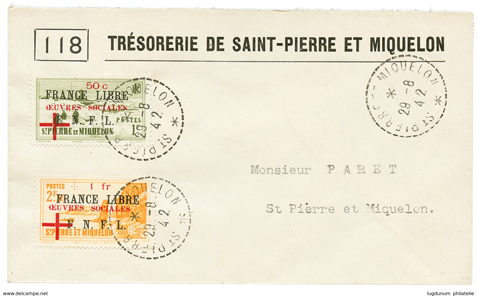 695 1942 FRANCE LIBRE Surch. CROIX ROUGE ( Red Cross ) N°310 + N°311 Obl. Sur Env. Locale. Cote Des Timbres Détachés = 2 - Sonstige & Ohne Zuordnung
