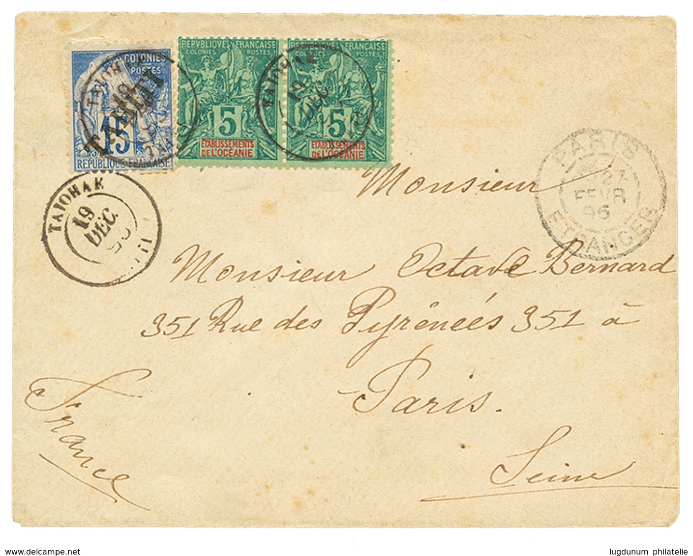 701 "TAIOHAE - MARQUISES" : 1896 15c Surch. TAHITI + Paire 5c Groupe Obl. TAIOHAE TAITI Sur Enveloppe Pour PARIS. RARE.  - Autres & Non Classés