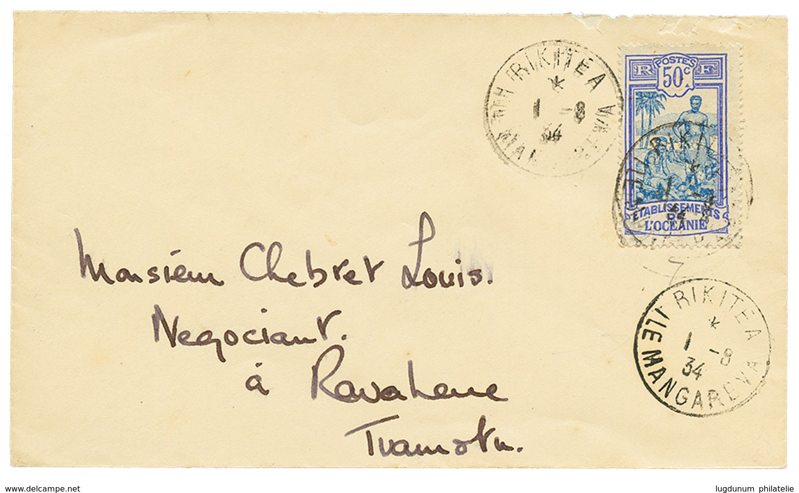 707 1934 50c Obl. RIKITEA ILE MANGAREVA Sur Enveloppe Pour Les TUAMOTU. Rare. TB. - Sonstige & Ohne Zuordnung