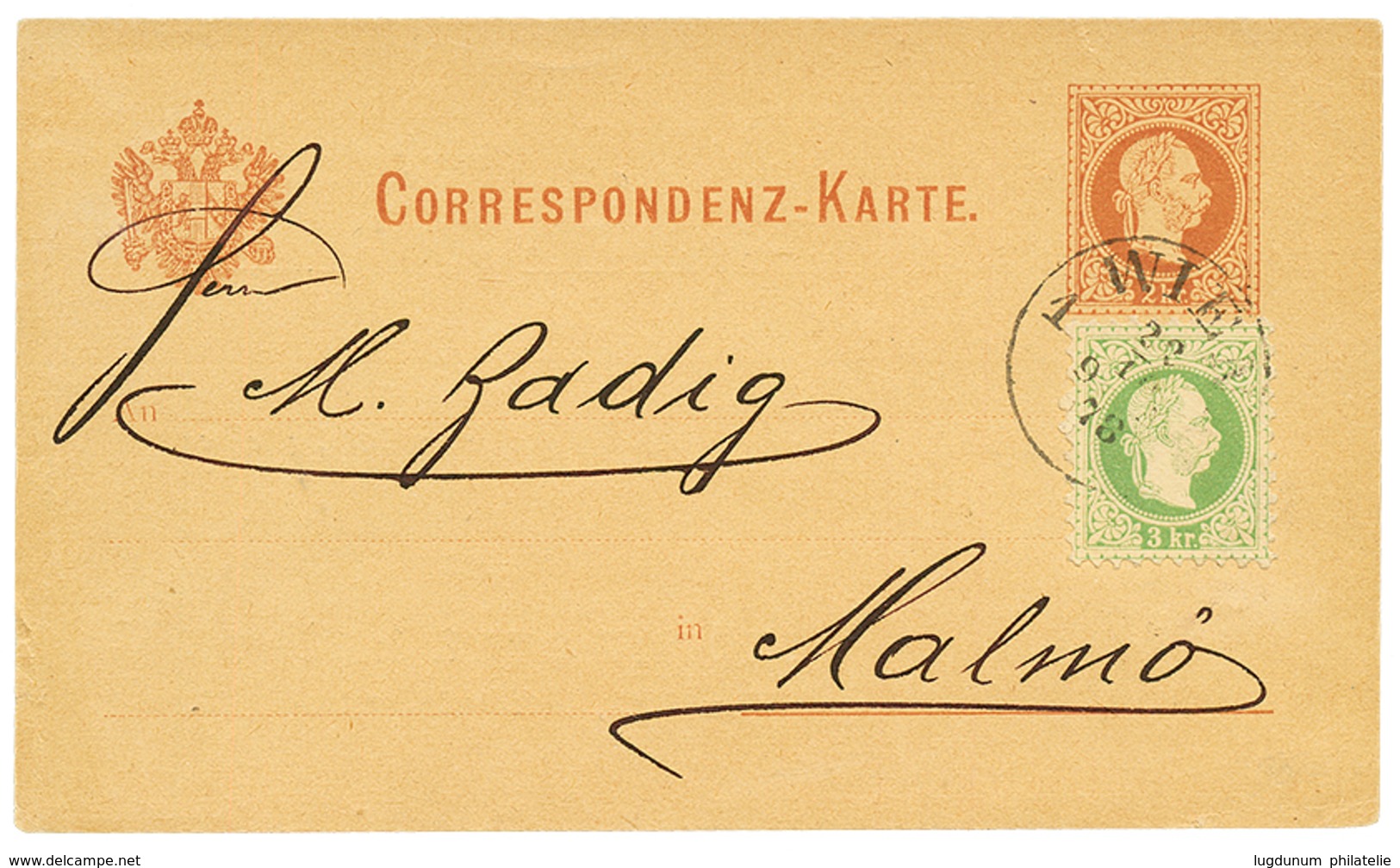 715 1878 AUSTRIA P./Sto 2k+ 3k Canc. WIEN To MALMO SWEDEN. Vf. - Sonstige & Ohne Zuordnung