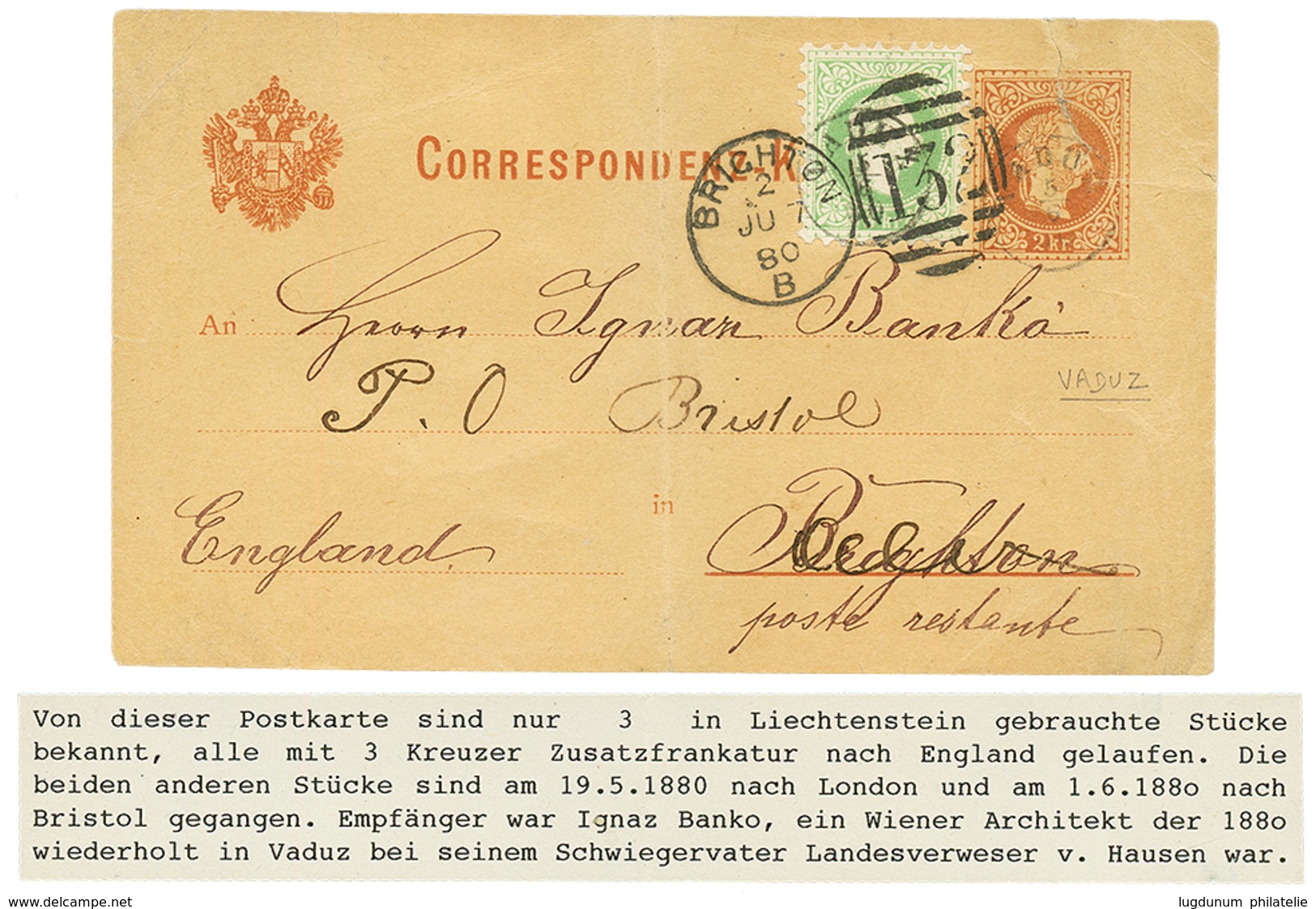 718 LIECHTENSTEIN : 1880 AUSTRIA P./Stat 2k (tear) + 3kr Canc. Small Cachet VADUZ To ENGLAND. GREAT RARITY. F/Vf. - Altri & Non Classificati