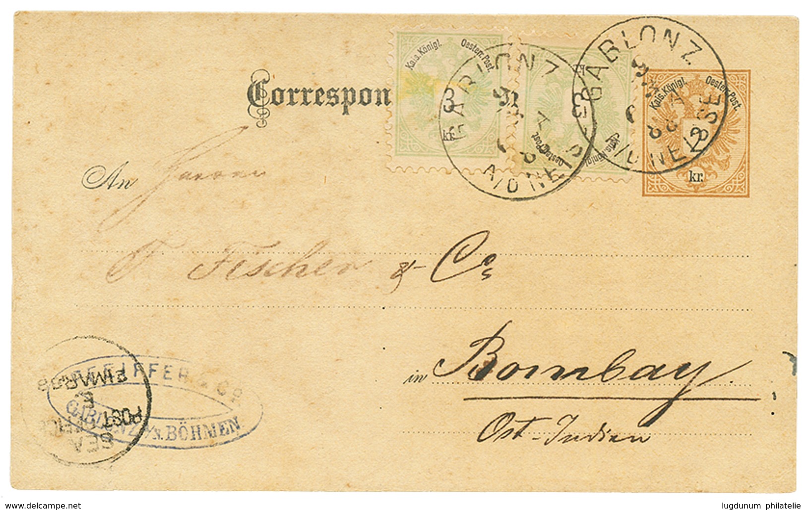 719 AUSTRIA : 1888 P./Stat 2k + 3k(x2) Canc. GABLONZ To BOMBAY. Small Fault. Rare 8k Rate To INDIA. Vf. - Autres & Non Classés