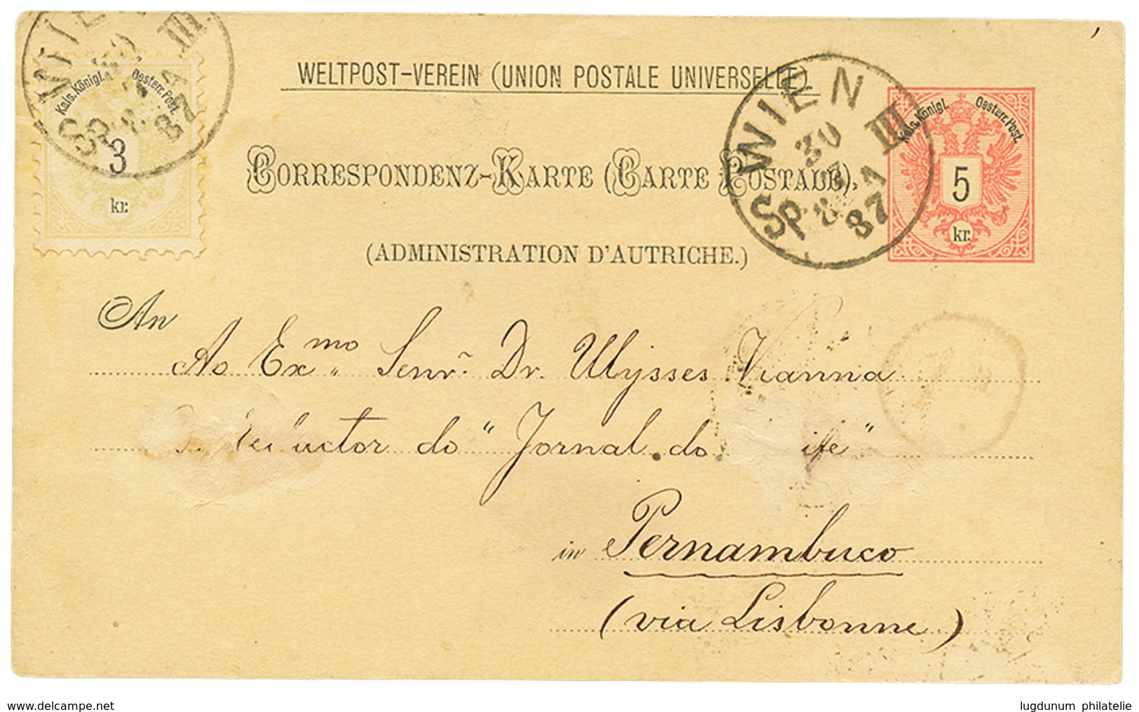 720 AUSTRIA - 8k Rate To BRAZIL : 1887 P./Stat 5k + 3k Canc. WIEN To PERNAMBUCO. Small Fault. Vf. - Other & Unclassified