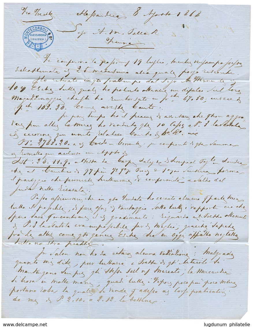 725 1868 ALEXANDRIEN + "20" Blue Tax Marking On Entire Letter Via TRIESTE To VIENNA. Vvf. - Levant Autrichien