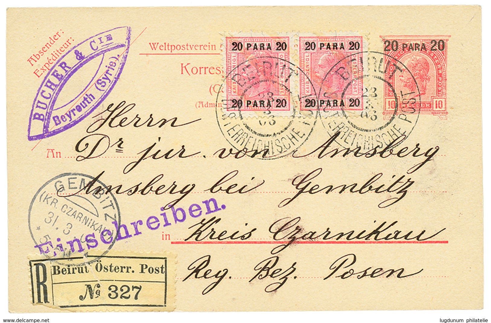 733 BEYROUTH : 1906 P./Stat 20p + 20p(x2) Canc. BEIRUT Sent REGISTERED To KREIS CZARNIKAU. Vvf. - Levant Autrichien