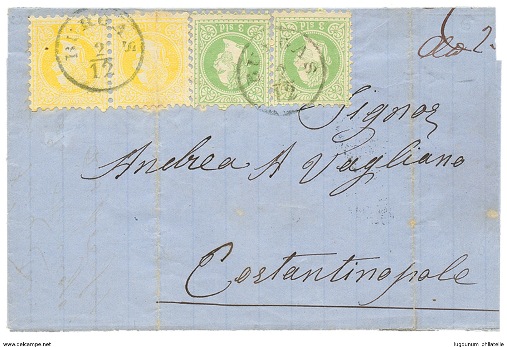 735 BURGAS : 1872 2sx2(one Copy With Crease)) + 3s(x2) Canc. BURGAS On Cover Yo CONSTANTINOPLE. Very Nice Combination Of - Levant Autrichien