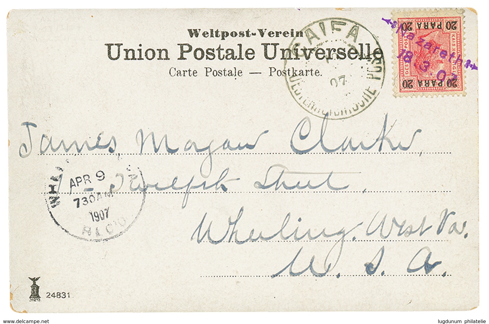 736 "NAZARETH" : 1907 20p Canc. Violet Ornamental Cachet NAZARETH/18.3.02 + CAIFA On Card To USA. RARE. MUENTZ Certifica - Levante-Marken