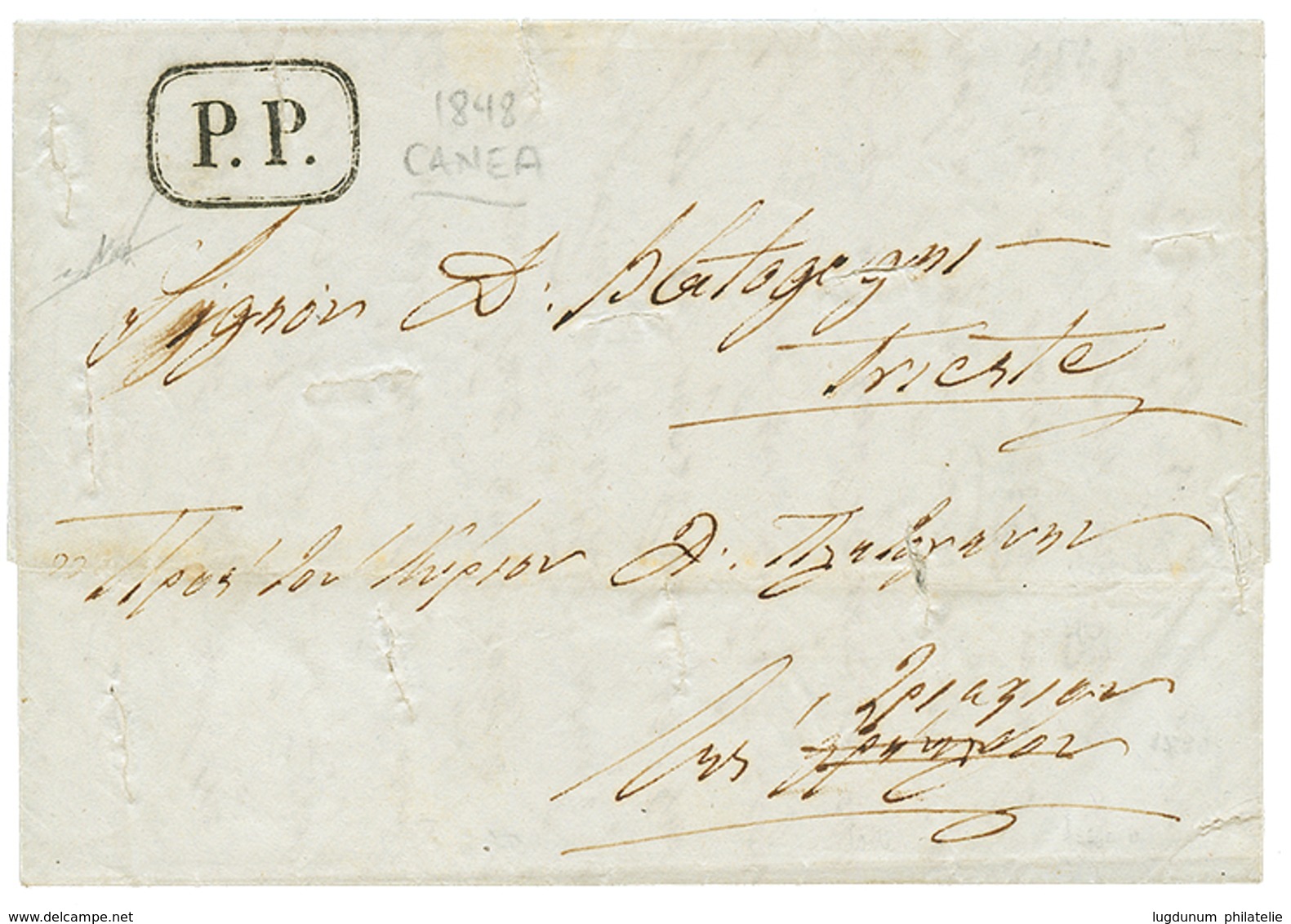 737 CRETE - CANEA " 1848 Rare Boxed Maritime Cachet P.P On DISINFECTED Entire Letter From CANEA To TRIESTE. GREAT RARITY - Levant Autrichien