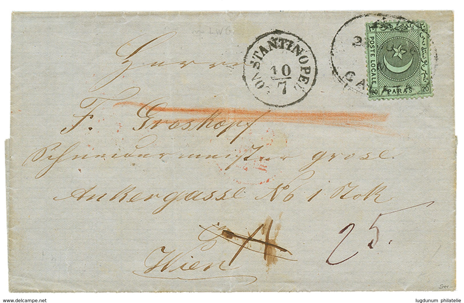 738 CONSTANTINOPLE : 1866 TURKEY Local Post 20p Canc. GALATA + Austrian Cds CONSTANTINOPEL On Entire Letter To WIEN(AUST - Eastern Austria