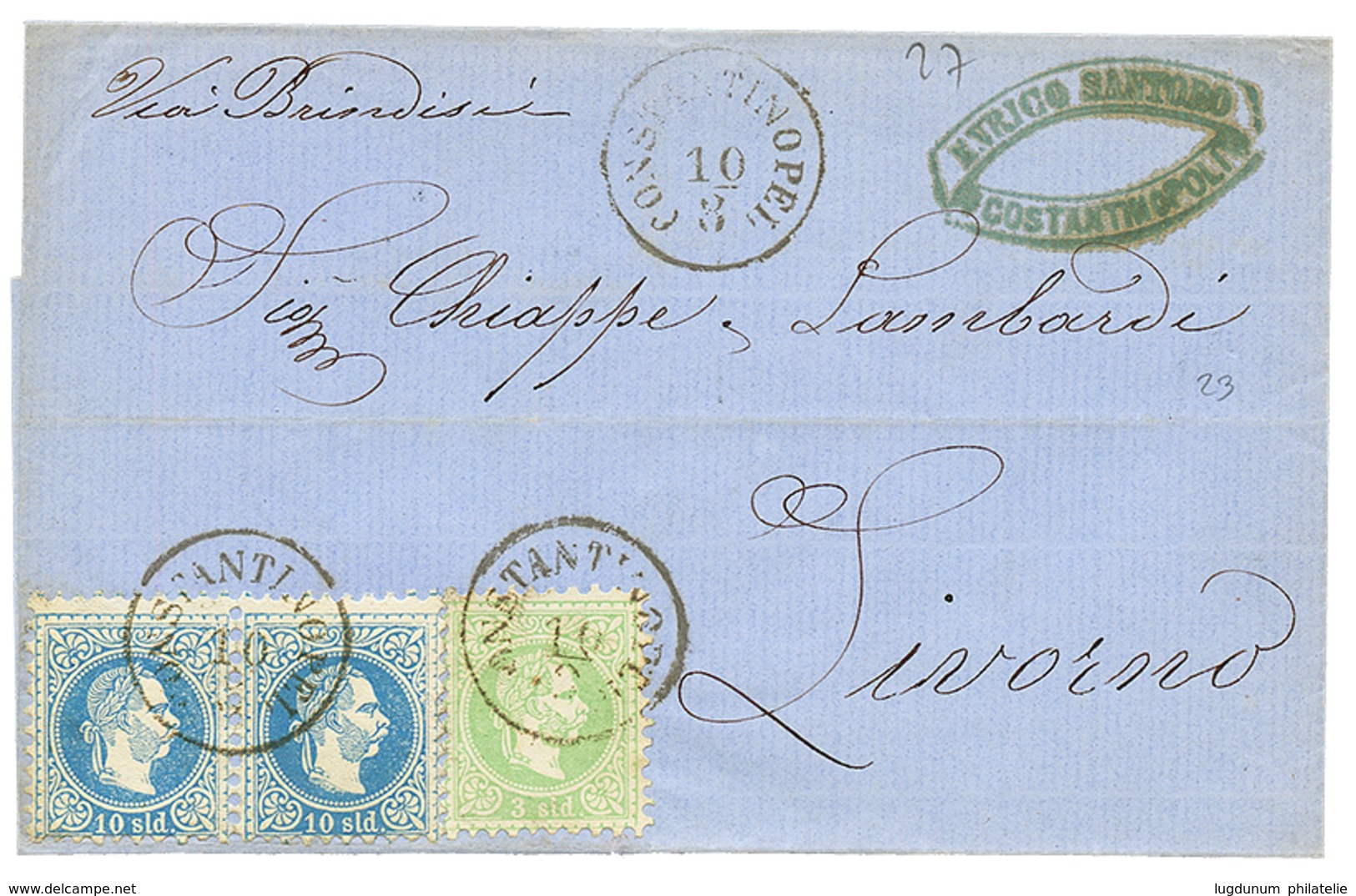 739 1872 3s + 10s(x2) Canc. CONSTANTINOPEL On Cover Via BRINDISI To ITALY. Vvf. - Levant Autrichien