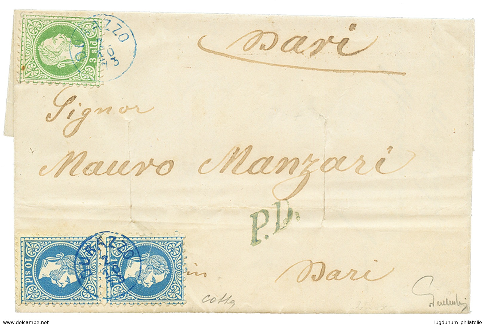 740 DURAZZO - ALBANIA : 1873 3 Soldi + Pair 10 Soldi Canc. DURAZZO In Blue On Entire Letter To ITALY. Signed COLLA & FER - Eastern Austria