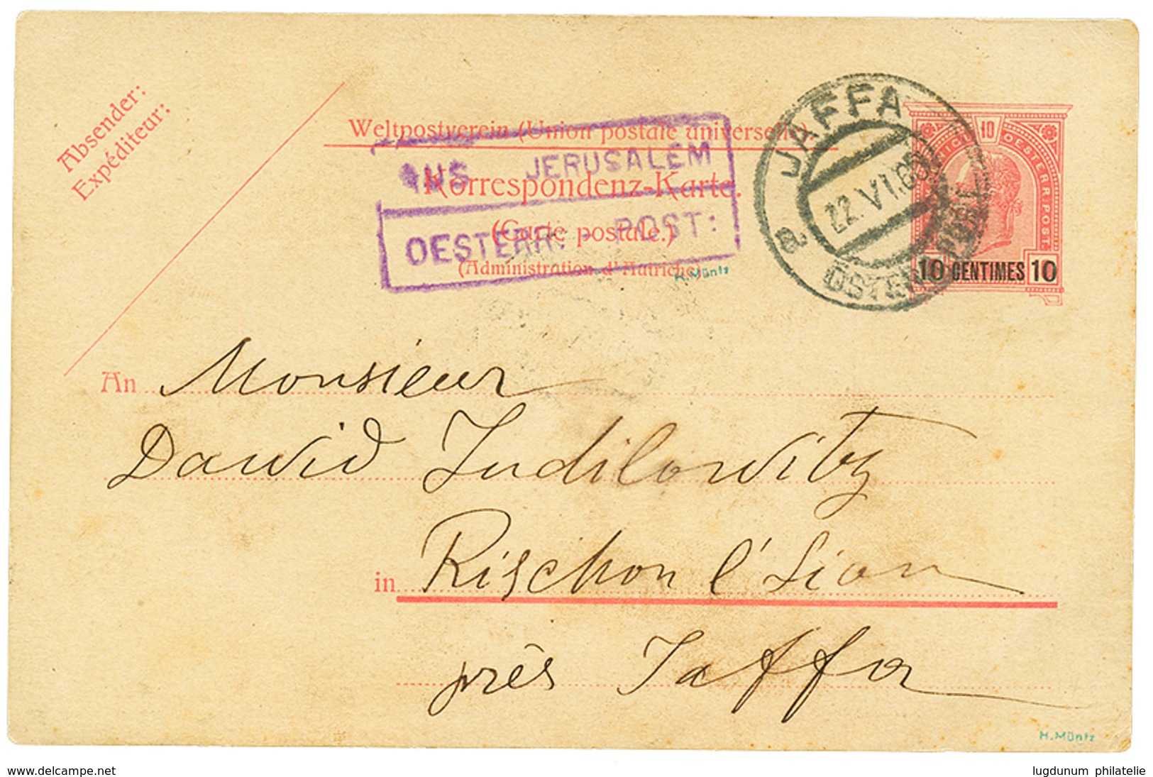 741 1905 P./Stat 10c Canc. JAFFA + Boxed AUS JERUSALEM/OESTERR. POST In Violet To RISCHON L'ZION. RARE. Signed MUNTZ. Ex - Levante-Marken