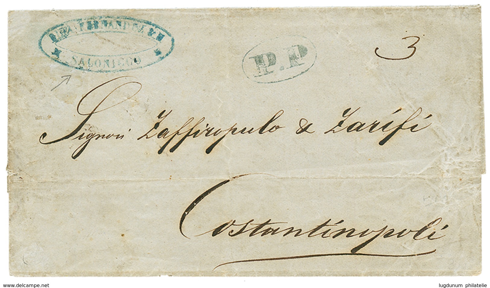 742 1852 Rare Turkish Maritime Cachet P.P + "3" Tax Marking On Cover(no Text) Datelined "SALONIQUE 8 Sept. 1852" To CONS - Levant Autrichien