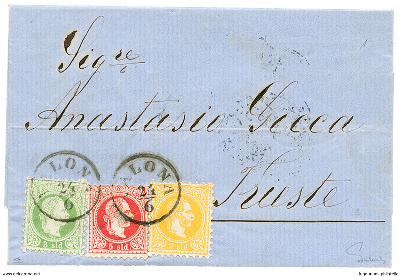 746 VALONA - ALBANIA : 1875 2 Soldi + 3 Soldi + 5 Soldi Canc. VALONA On Entire Letter To TRIESTE. FERCHENBAUER Certifica - Levante-Marken