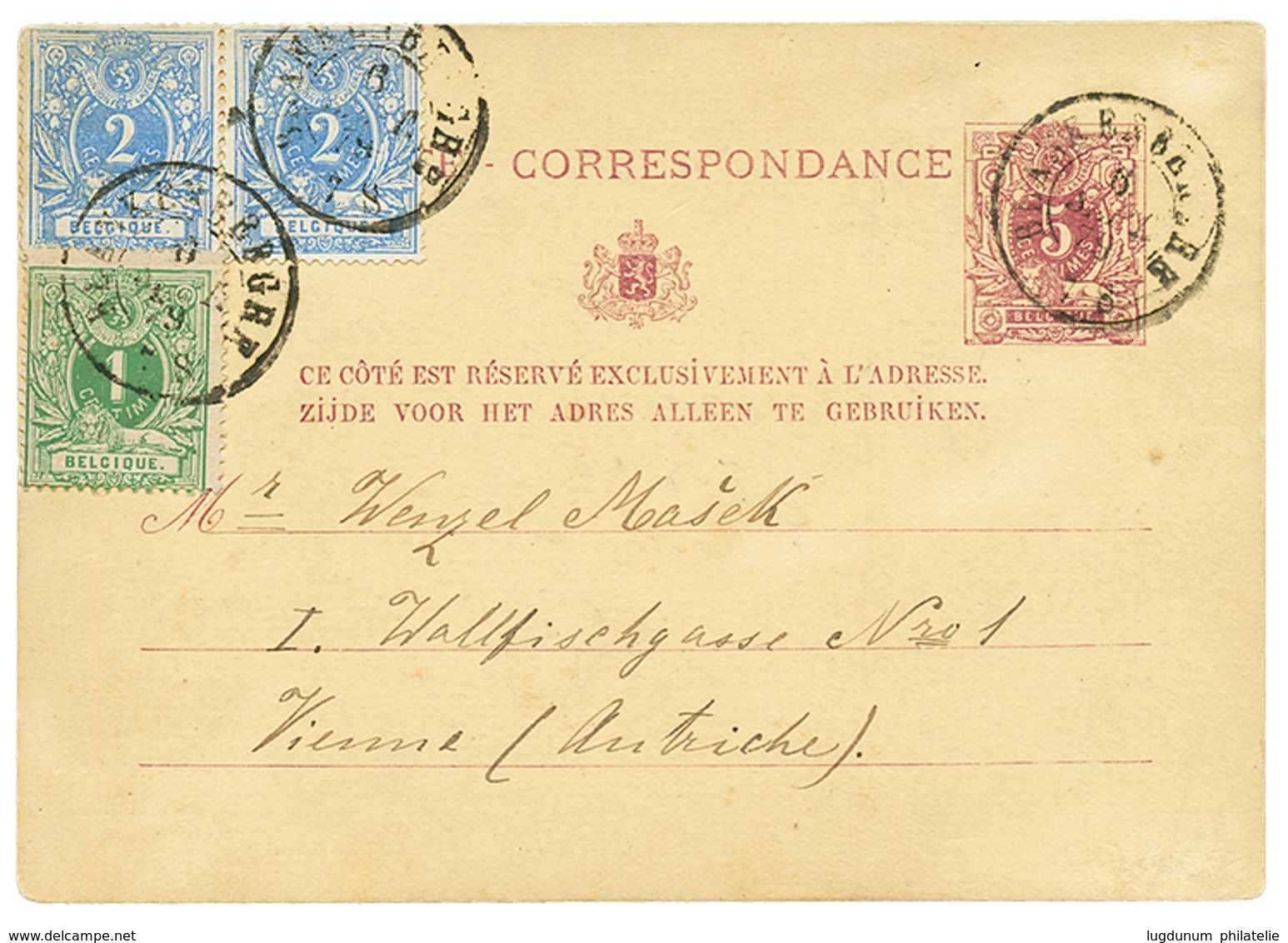 747 BELGIUM : 1879 P./Stat 5c + 1c + 2c(x2) Canc. BLANKENBERGHE To VIENNA(AUSTRIA). Vf. - Altri & Non Classificati