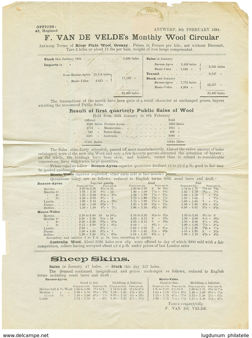 748 "PRINTED MATTER To USA" :1884 5c Canc. ANVERS On Complete PRINTED MATTER To NEW-YORK(USA). Vf. - Sonstige & Ohne Zuordnung