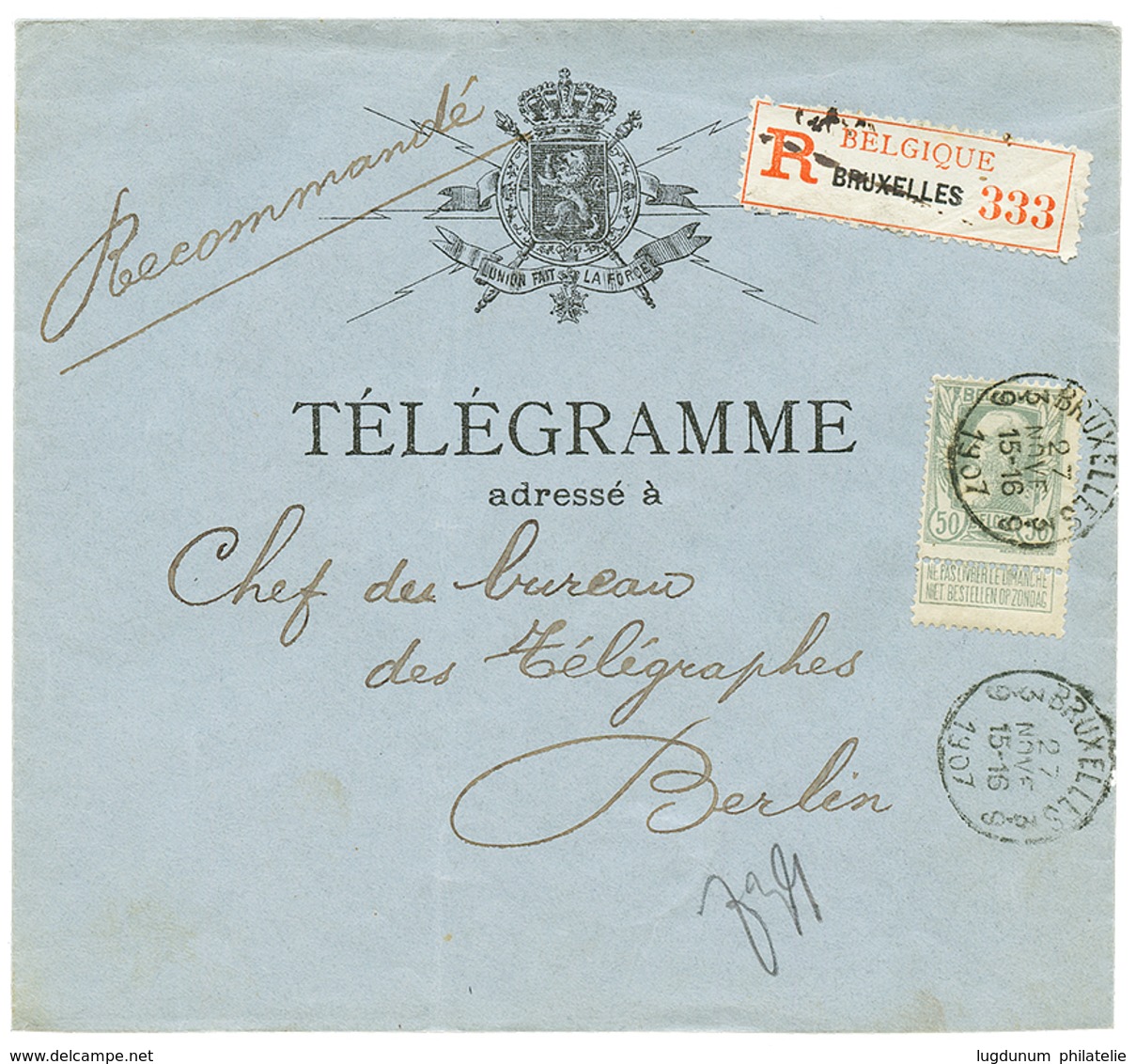 749 TELEGRAMME : 1907 50c Obl. BRUXELLES Sur Env. TELEGRAMME RECOMMANDEE Pour L' ALLEMAGNE. RARE. Superbe. - Other & Unclassified