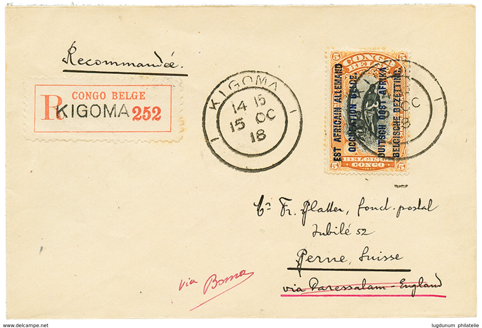 750 BELGIAN CONGO : 1918 OCC. BELGE 5F Canc. KIGOMA On REGISTERED Envelope To SWITZERLAND. Superb. - Autres & Non Classés