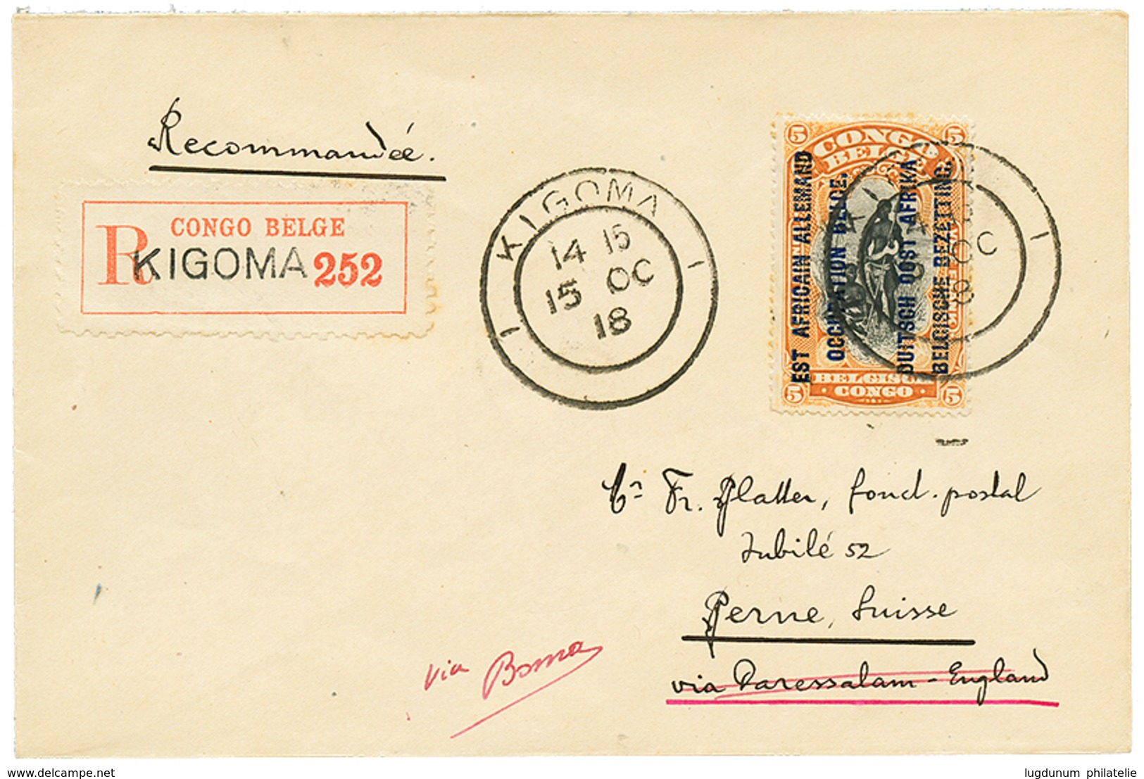 750 BELGIAN CONGO : 1918 OCC. BELGE 5F Canc. KIGOMA On REGISTERED Envelope To SWITZERLAND. Superb. - Altri & Non Classificati