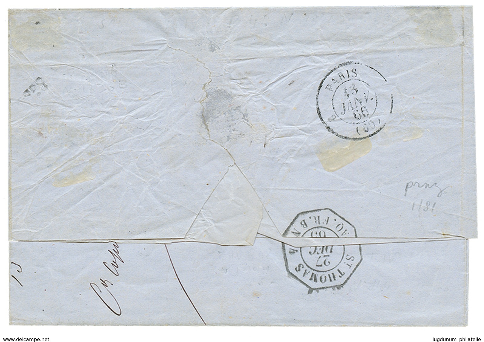 756 DANISH WEST INDIES - FRENCH Mail : 1865 FRANCE 80c(x2) Canc. ANCHOR + Danish Cachet ST THOMAS On Cover (double Rate) - Denmark (West Indies)