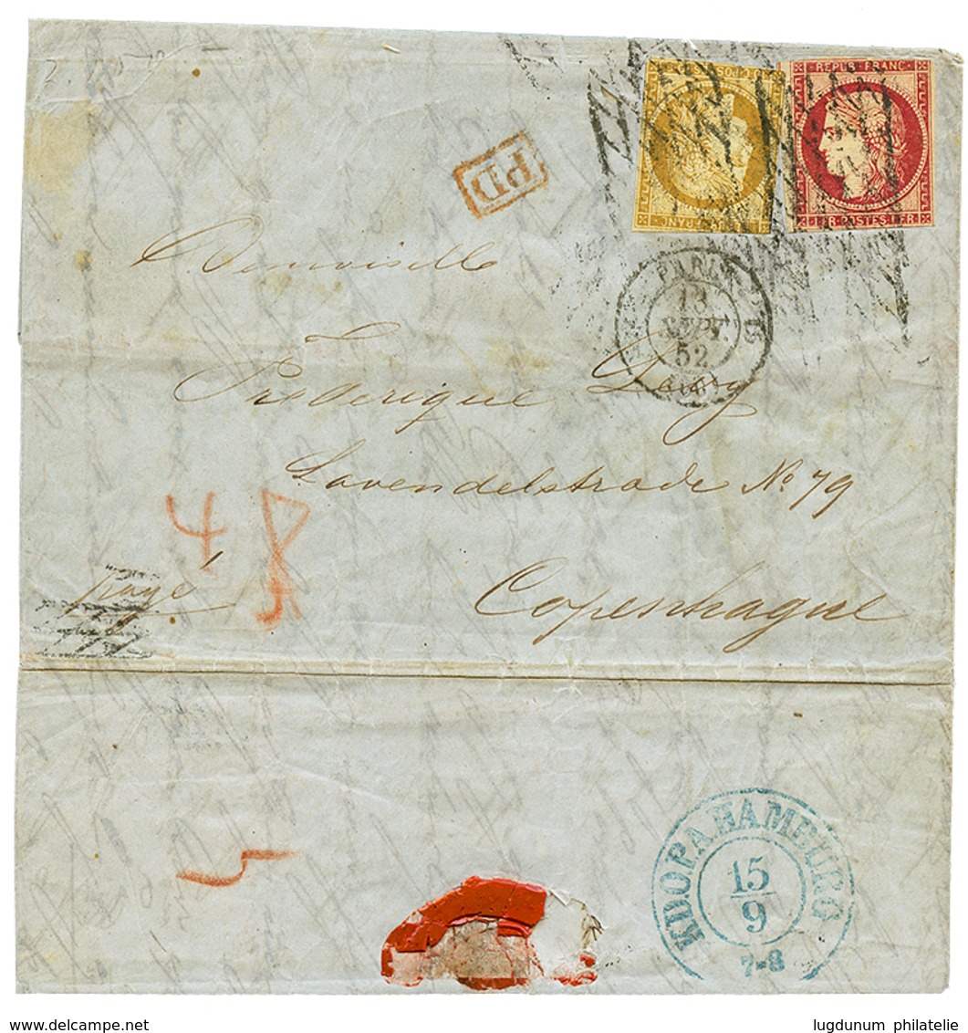 757 1852 FRANCE FIRST ISSUE 1F + 10c Canc. On Entire Letter From PARIS Via HAMBURG To COPENHAGUE (DENMARK). Stamps With  - Danemark (Antilles)