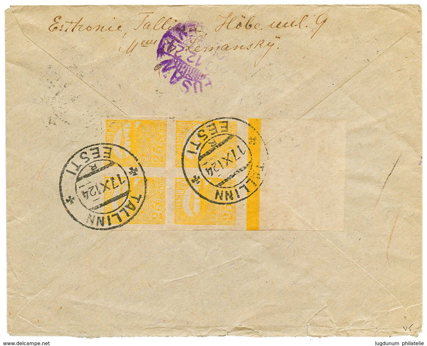 758 ESTONIA To KOREA : 1924 9m + 25p Block Of 4(reverse) Canc. TALLINN EESTI On Taxed Envelope To KINSEN KOREA. Extremel - Crete