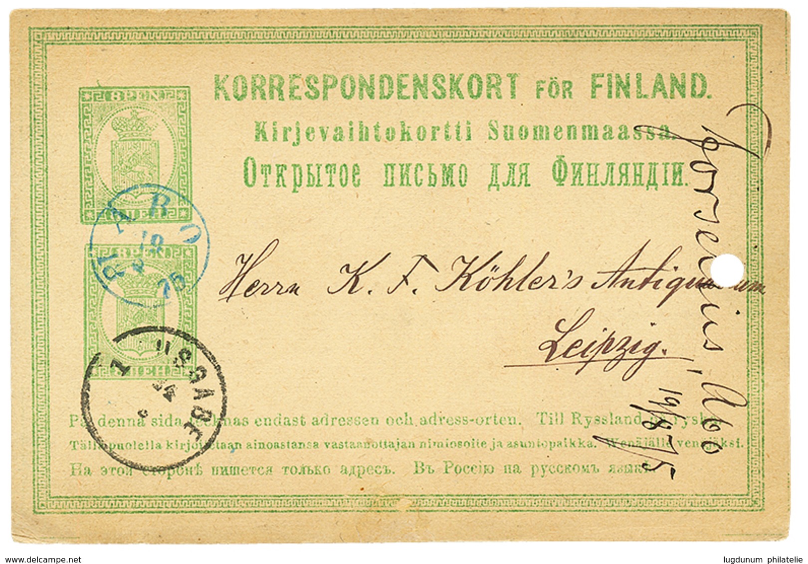 759 FINLAND : 1875 P./Stat. 8p + 8p Canc. ABO To LEIPZIG(GERMANY). Small Fault(perf.). Very Scarce. Vf. - Sonstige & Ohne Zuordnung