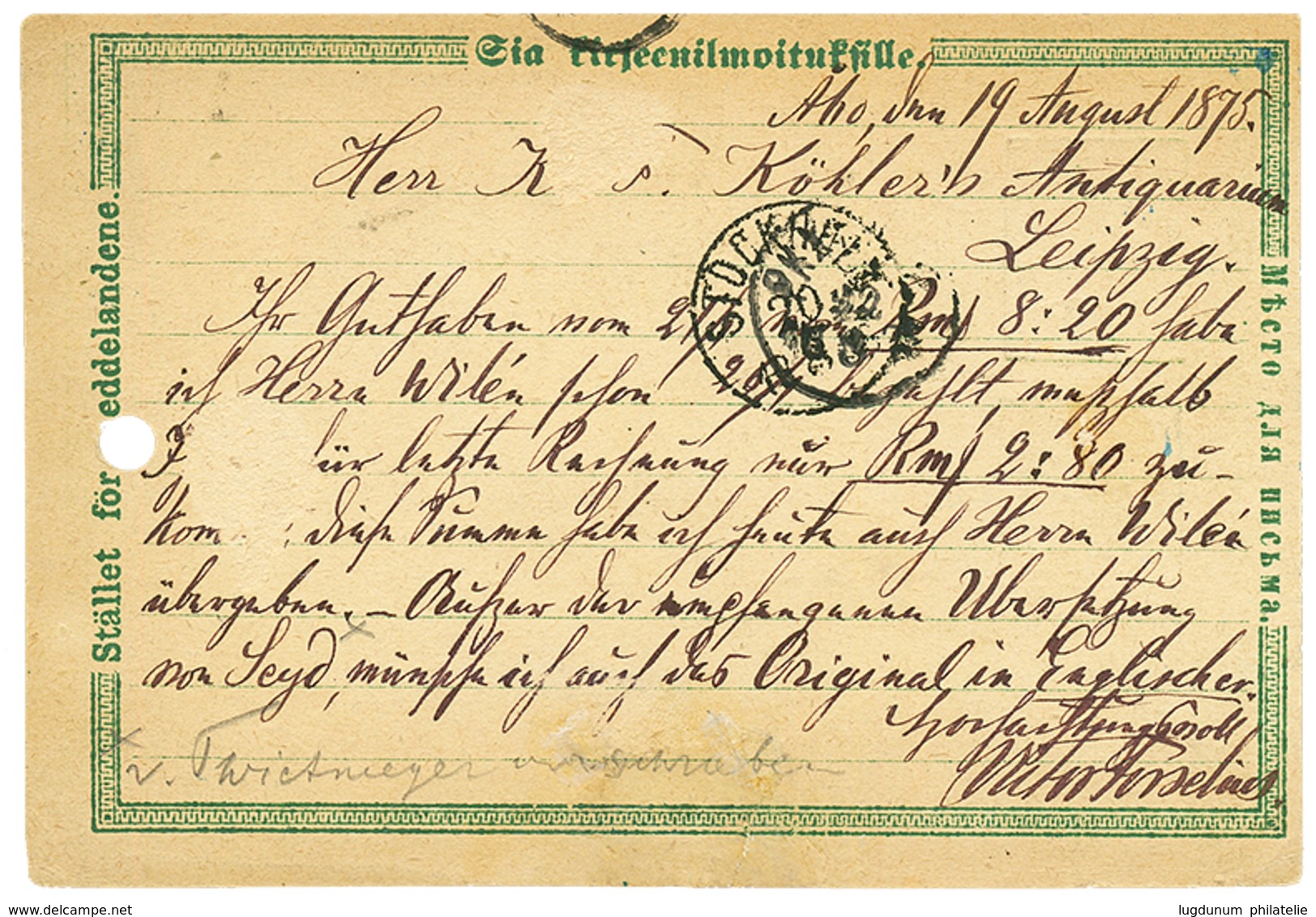 759 FINLAND : 1875 P./Stat. 8p + 8p Canc. ABO To LEIPZIG(GERMANY). Small Fault(perf.). Very Scarce. Vf. - Autres & Non Classés