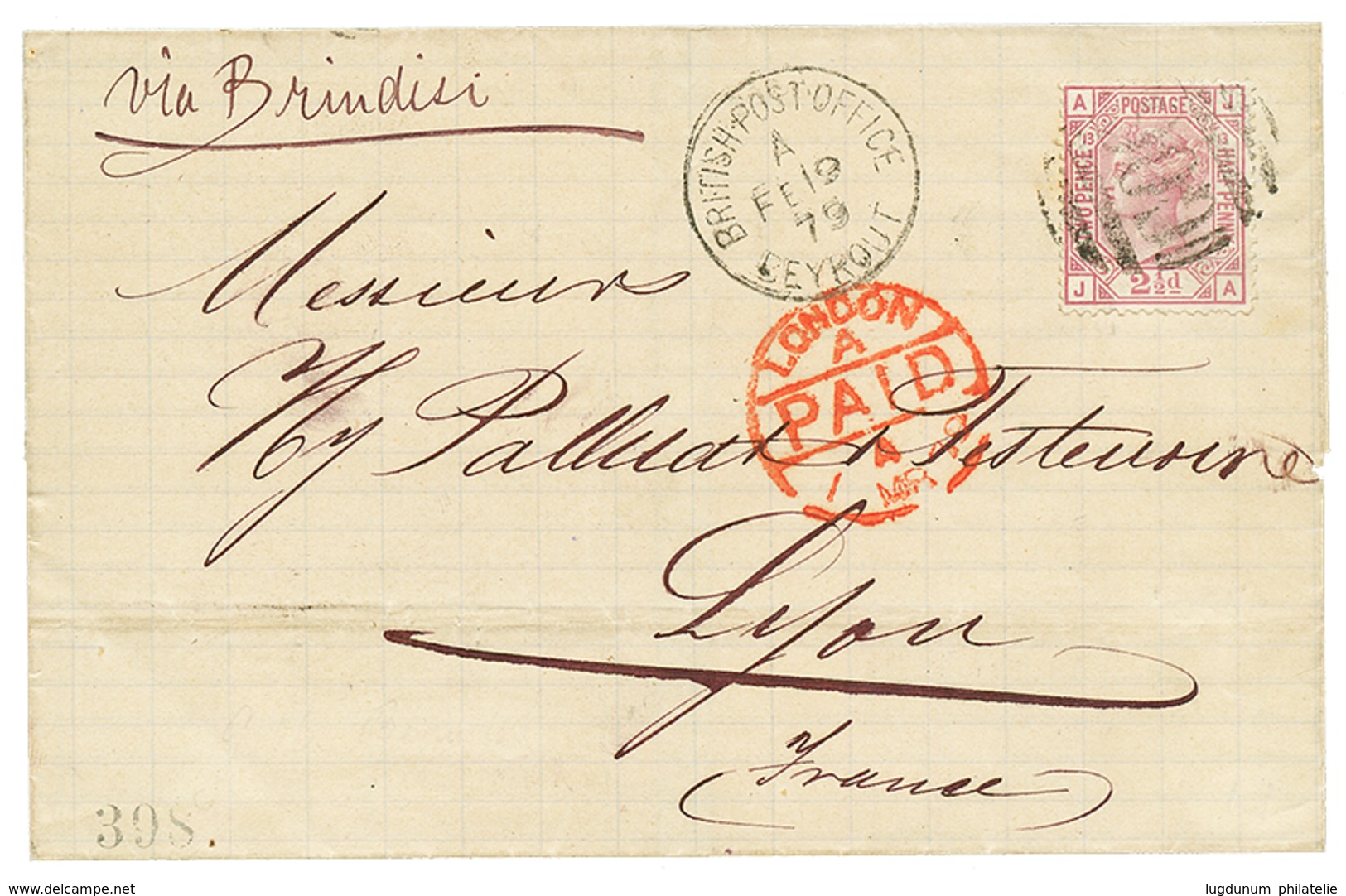 764 BEYROUTH : 1879 GB 2 1/2d(pl.13) Canc. G01 + BRITISH POST OFFICE BEYROUTH On Cover To FRANCE. Vvf. - Autres & Non Classés