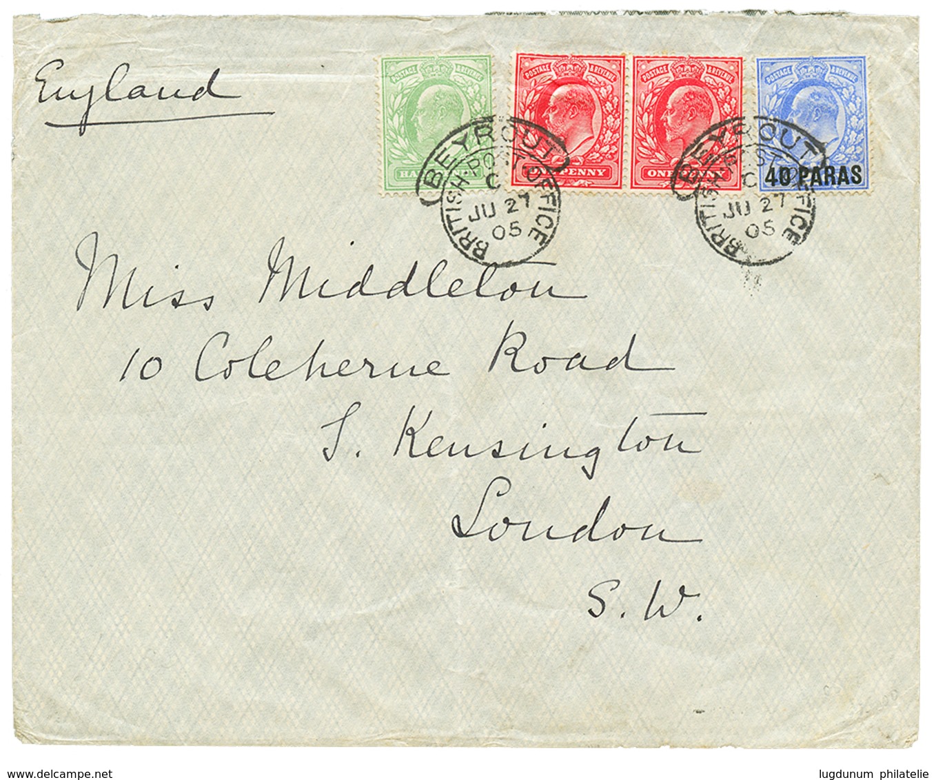 768 1905 GB 1/2p+ 1d(x2) + British LEVANT 40p On 2 1/2d Canc. BEYROUTH On Envelope To ENGLAND. Superb. - Sonstige & Ohne Zuordnung