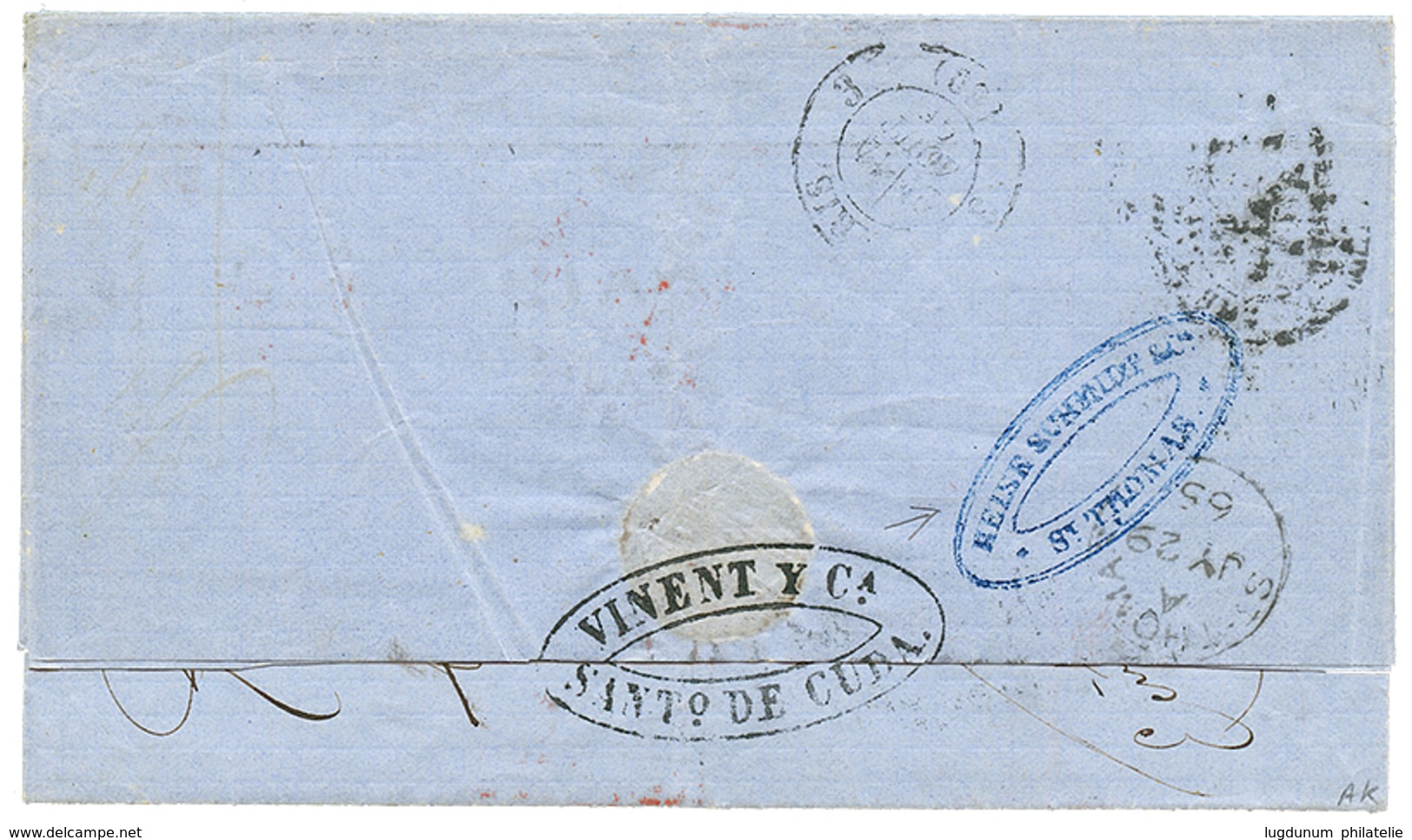 776 DANISH WEST INDIES : 1865 GB 4d(x2) Canc. C51 + ST THOMAS(verso) On Entire Letter From SANTIAGO DE CUBA To FRANCE. V - Sonstige & Ohne Zuordnung