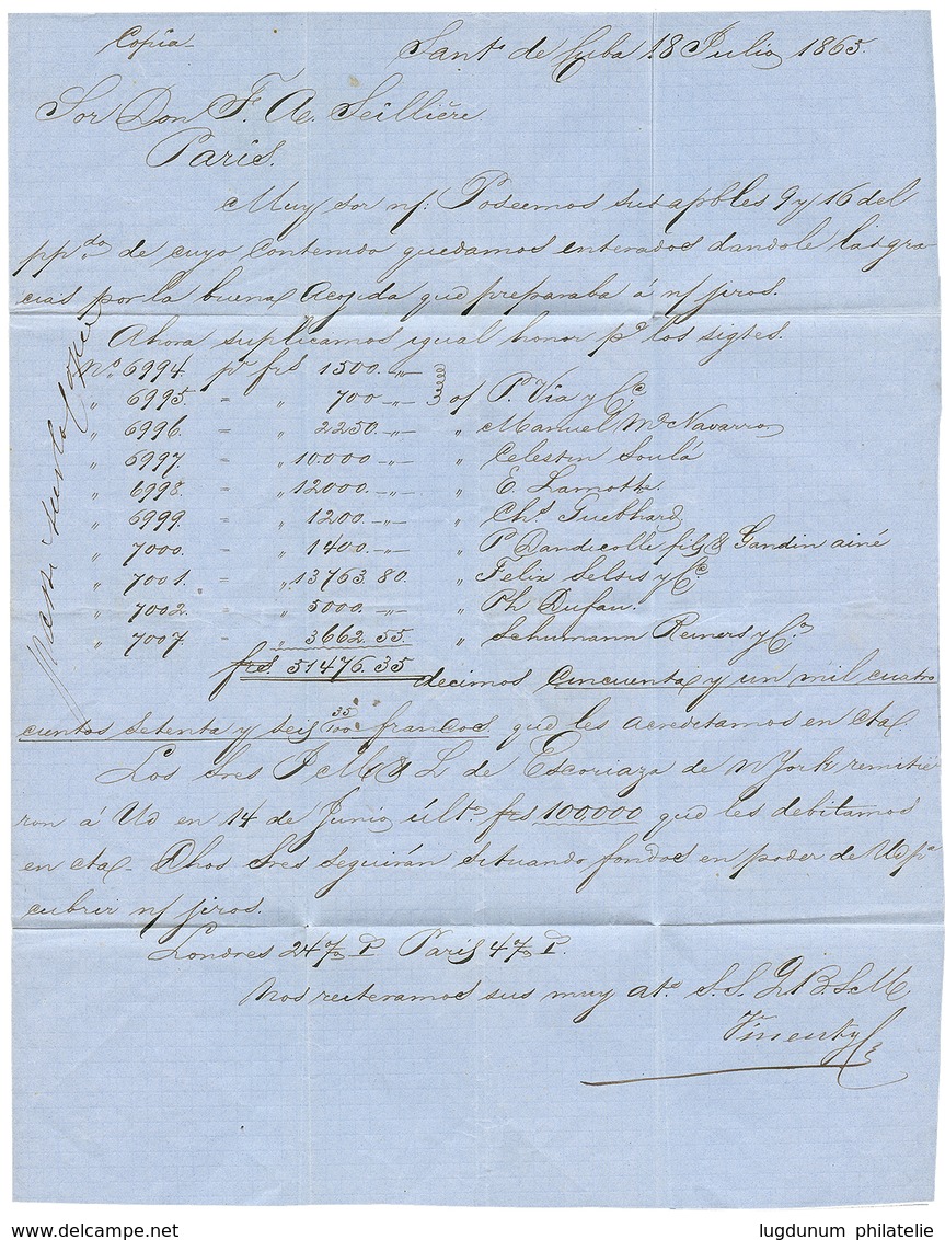 776 DANISH WEST INDIES : 1865 GB 4d(x2) Canc. C51 + ST THOMAS(verso) On Entire Letter From SANTIAGO DE CUBA To FRANCE. V - Autres & Non Classés