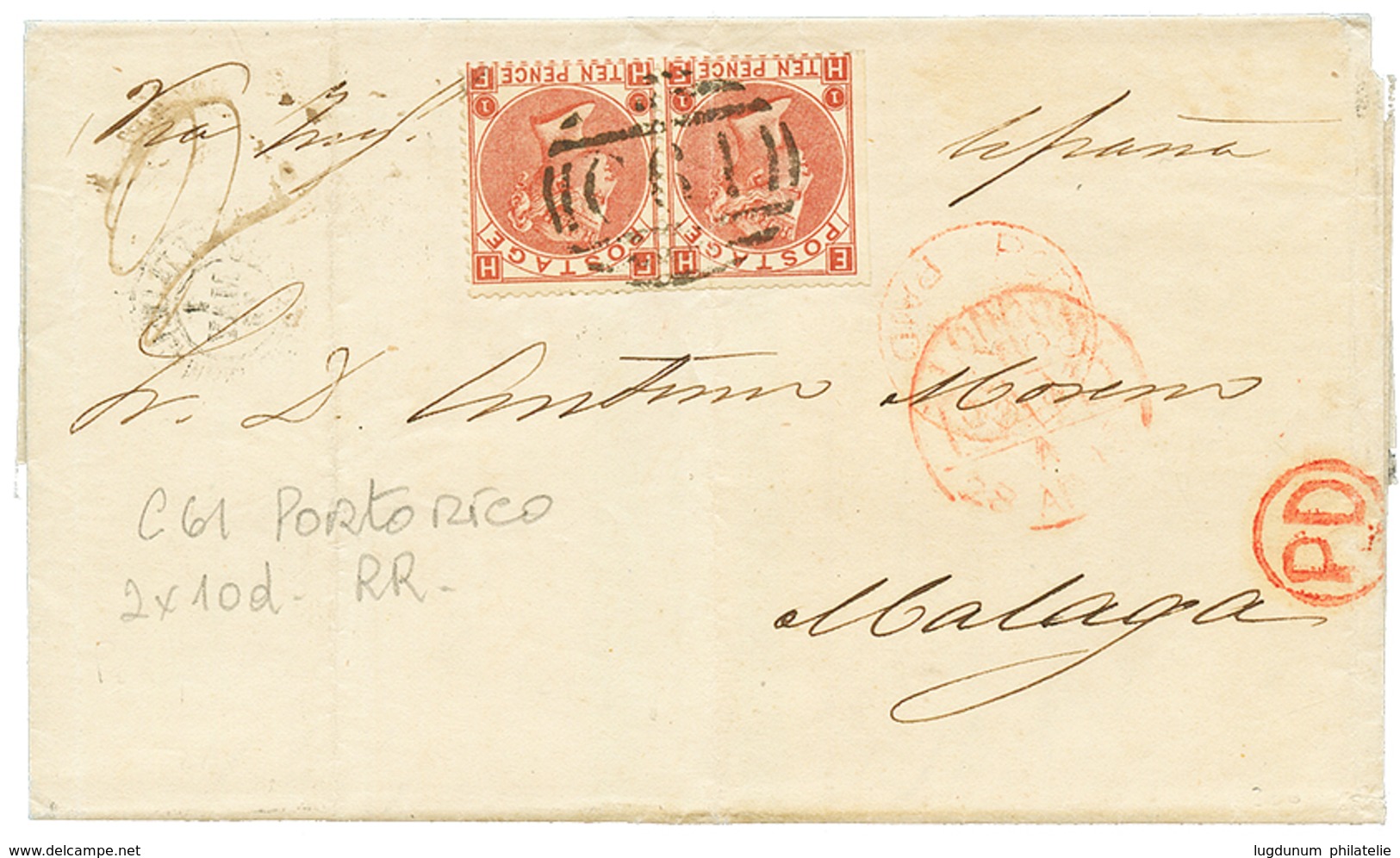 779 1875 Paire 10d(1 Stamp With Light Crease) Canc. C61 + PORTO-RICO PAID On Entire Letter To SPAIN. Vf. - Sonstige & Ohne Zuordnung