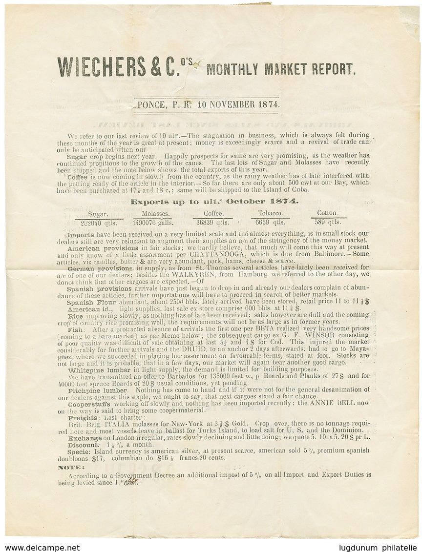 780 PORTO-RICO : 1874 1p + PONCE PORTO-RICO On Complete PRINTED MATTER To ENGLAND. Scarce. Vf. - Autres & Non Classés