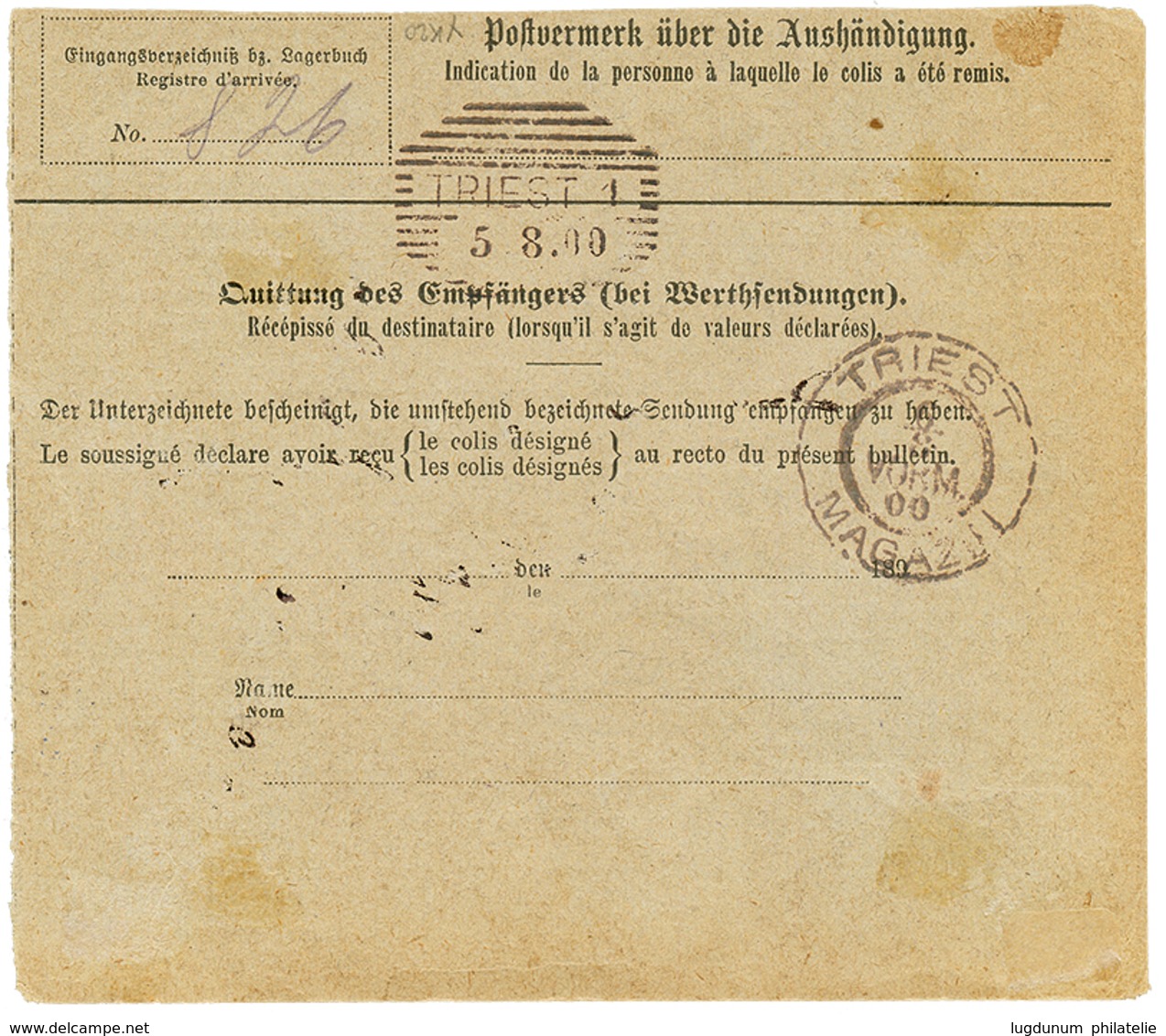 785 VORLAUFER : 1900 2 MARK (v37) + 20pf(n°4I)+ 50pf(n°6I)x2 Canc. SHANGHAI On PARCEL CARD To TRIESTE. RARE. Vvf. - Autres & Non Classés