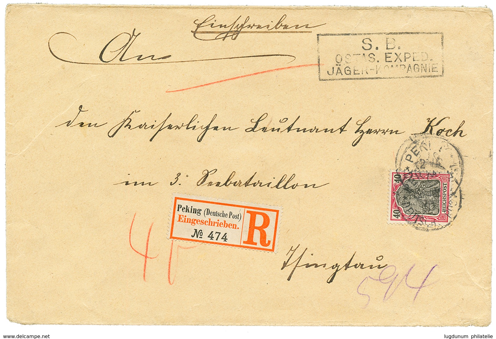 789 PETCHILI : 1901 GERMANIA 40pf(PVf) Canc. PEKING On REGISTERED Military Envelope To TSINGTAU KIAUTSCHOU. RARE. JÄSCHK - Autres & Non Classés