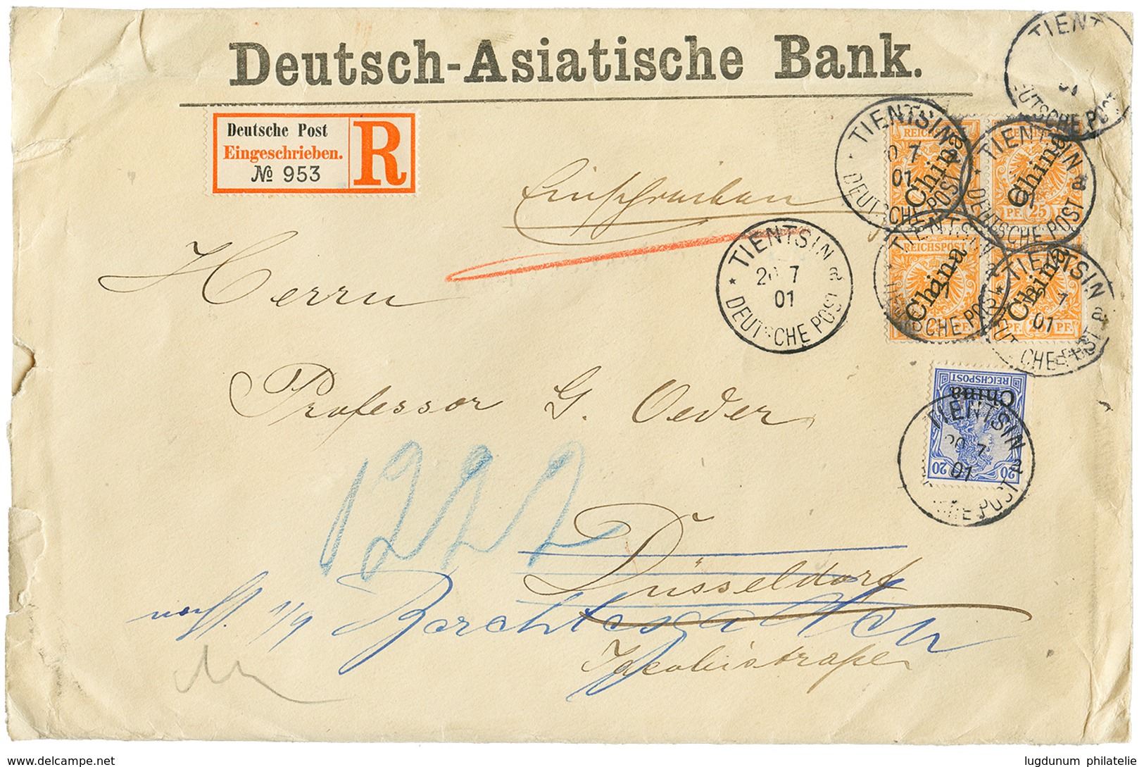 790 1901 25pf Block Of 4(rare)+ 20pf Canc. TIENTSIN On REGISTERED Envelope To GERMANY. Signed BOTHE. Vf. - Autres & Non Classés