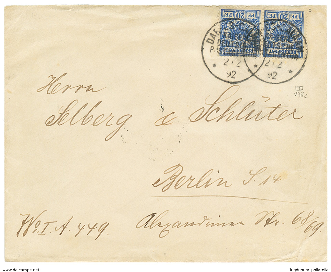 796 VORLAUFER : 1892 Pair 20pf(v48c) Canc. DAR-ES-SALAAM On Envelope To BERLIN. Signed ZENKER. Vvf. - Sonstige & Ohne Zuordnung