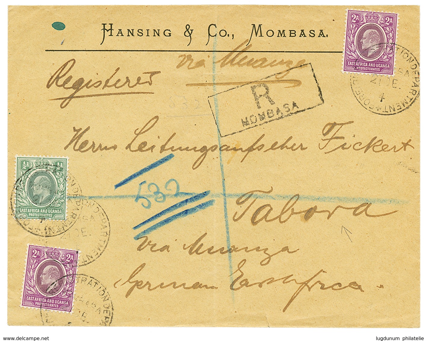 797 Incoming Mail : 1904 BEA 1/2a + 2a(x2) Canc. FOREIGN REGISTRATION DEPARTMENENT On REGISTERED Envelope From MOMBASA V - Autres & Non Classés