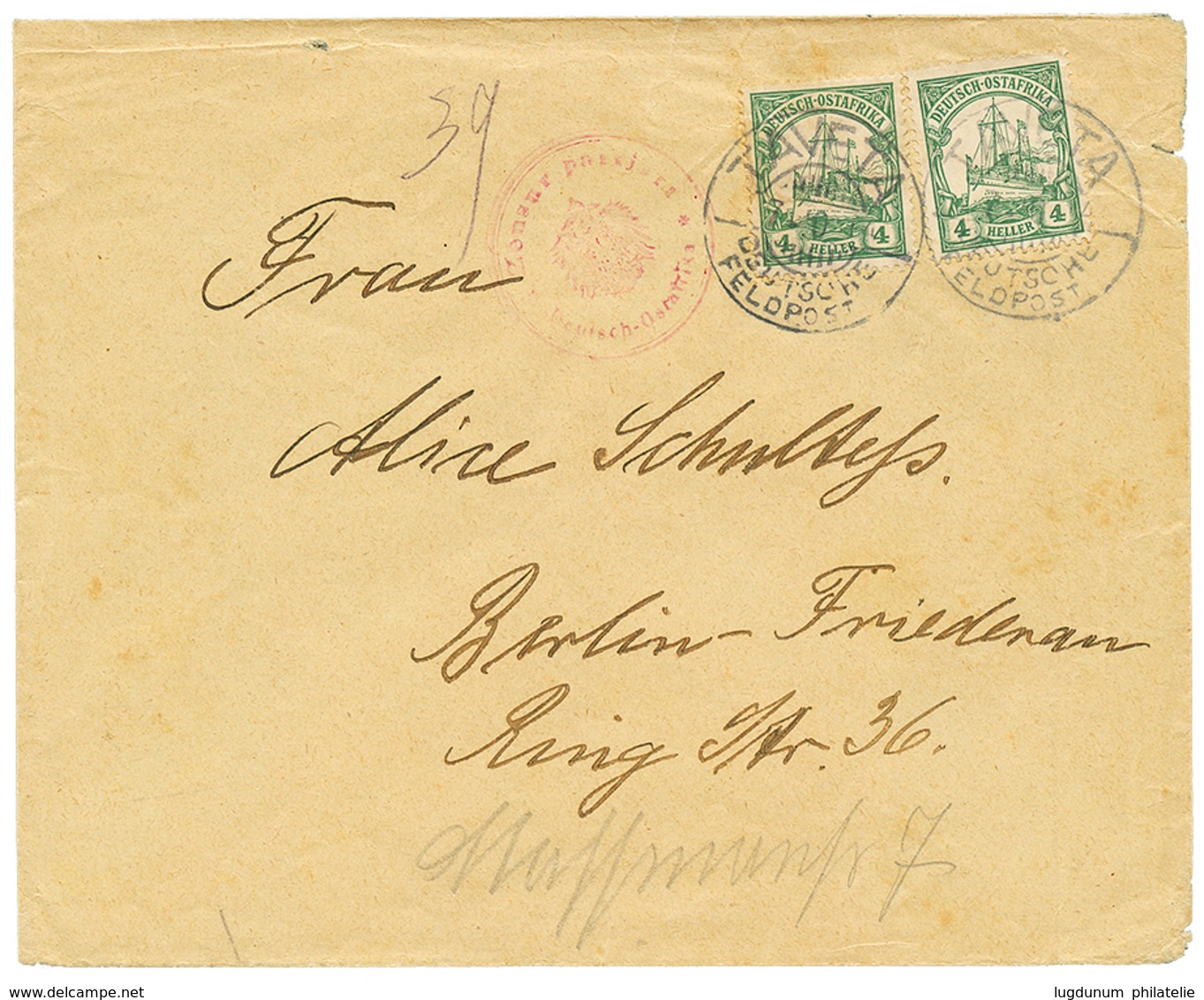 798 1910 4h(x2) Canc. TAVETA DEUTSCHE FELDPOST + Red Cachet ZENZUR PASSIERT DEUTSCH OSTAFRIKA On Envelope To BERLIN. Vf. - Autres & Non Classés